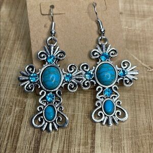 Elegant Silver and Blue Cross Earrings